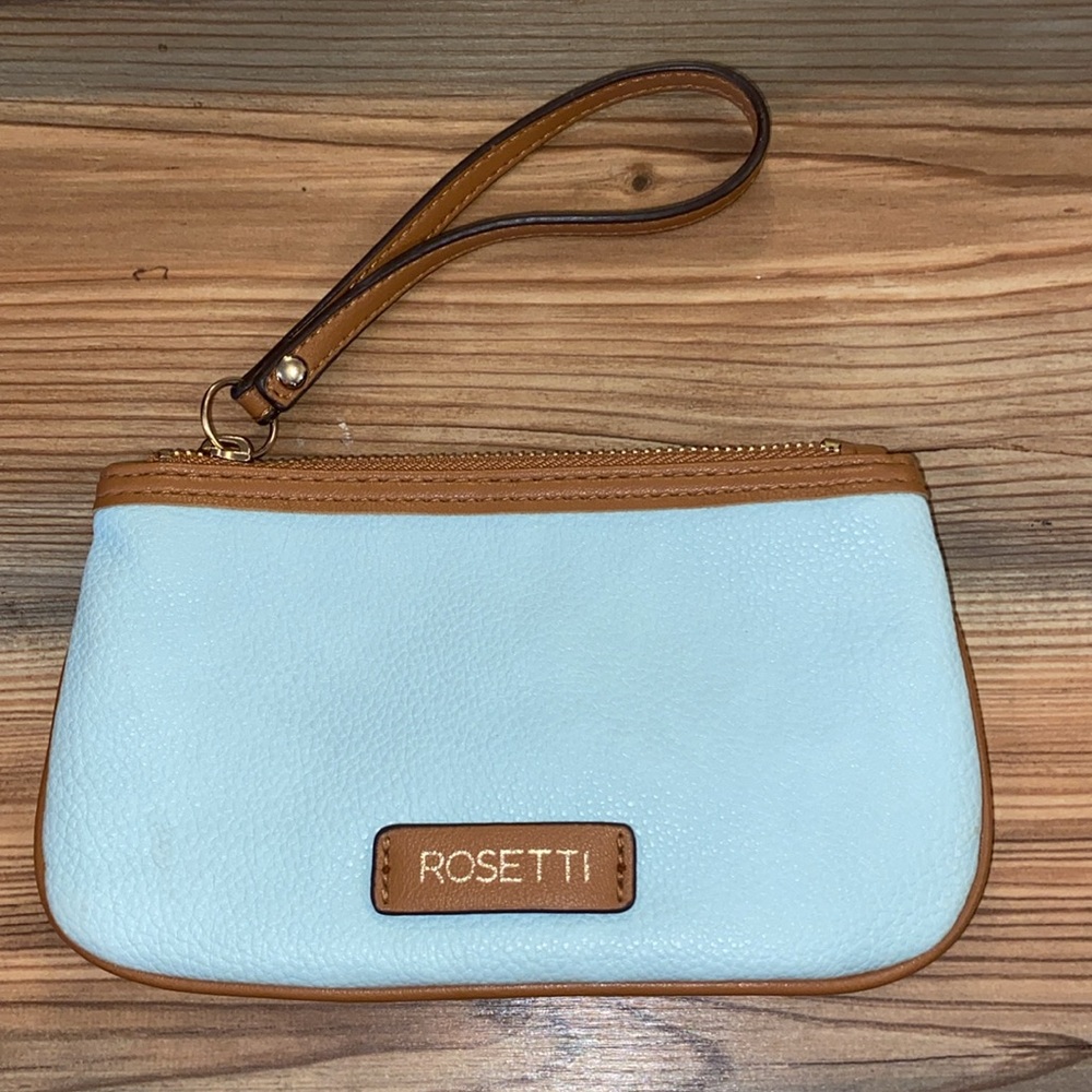 NWOT Rosetti baby blue & tan Wristlet